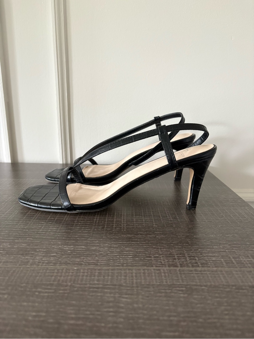 Halston Heritage Black Croc-Texture Strappy Slingbacks